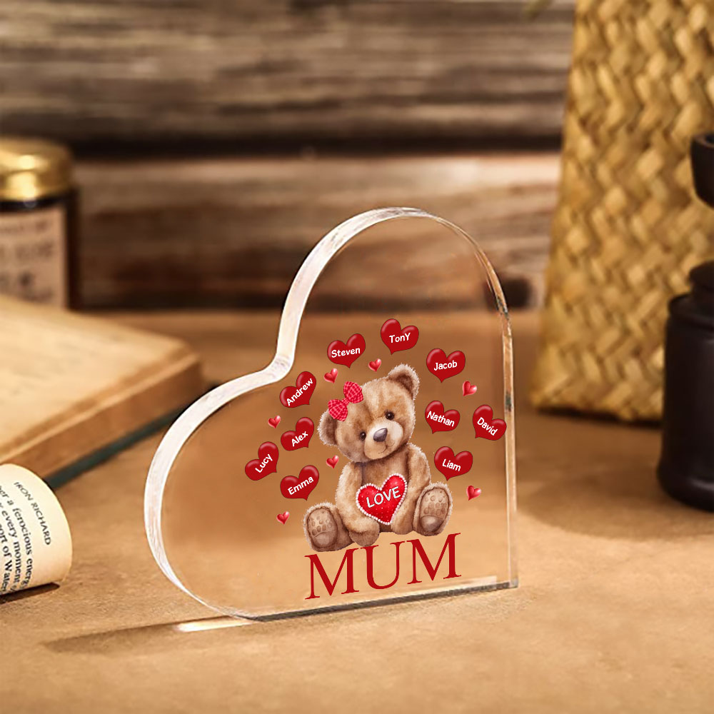 10 Names - Personalised Acrylic Heart Keepsake Custom 2 Texts Teddy Bear Ornaments Gifts for Grandma/Mother-Jessemade AU