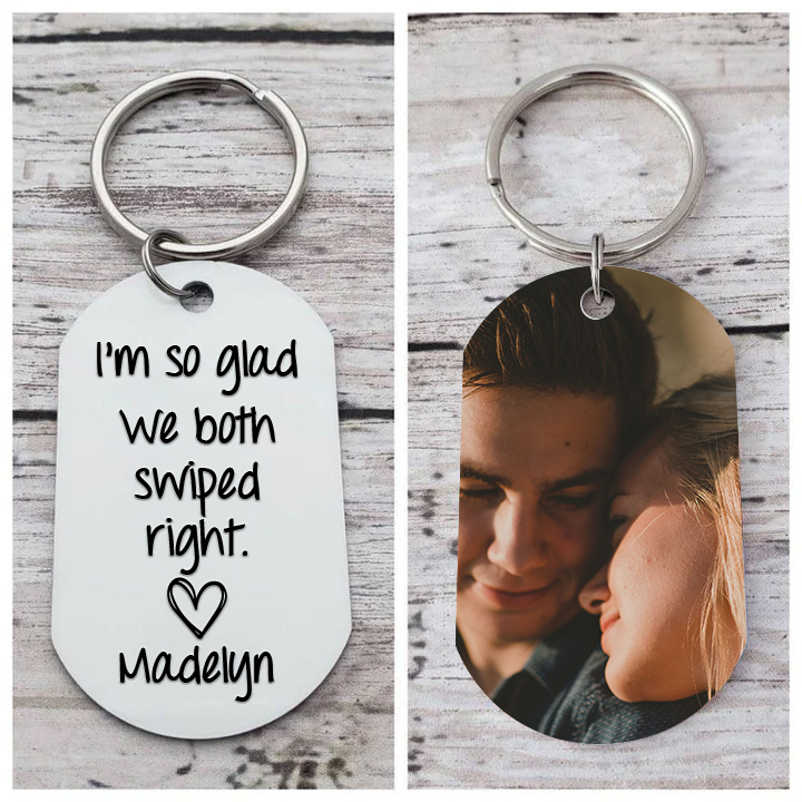 Personalised Photo & Name Keychain Stainless Steel Keyring Couple Gift - I'm So Glad We Both Swiped Right-Jessemade AU