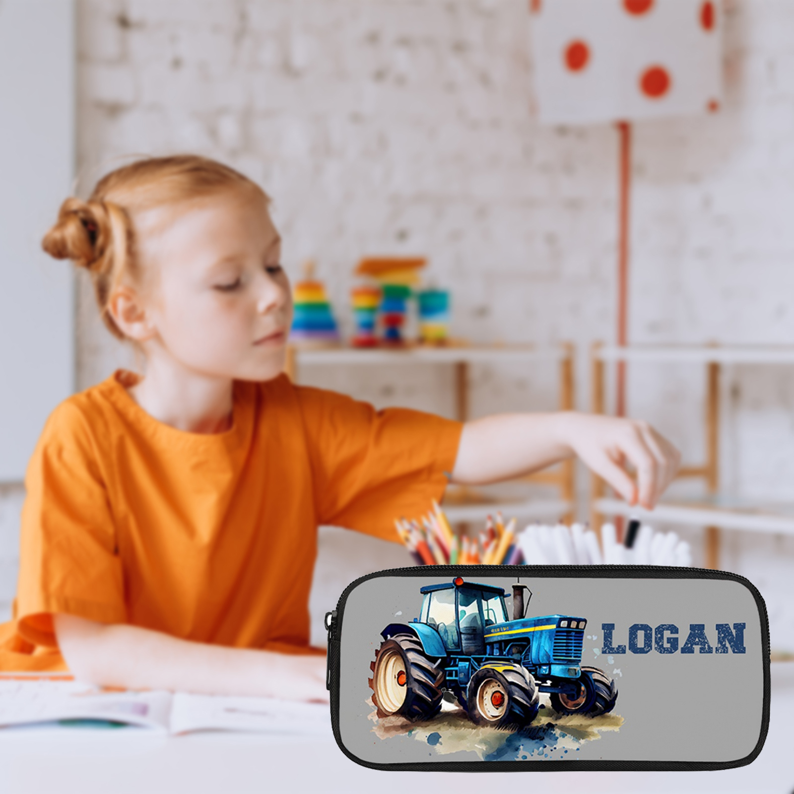 Personalised  Name Pencil Case Blue Bulldozer Pen Bag Zipper Back to School Gifts for Student-Jessemade AU