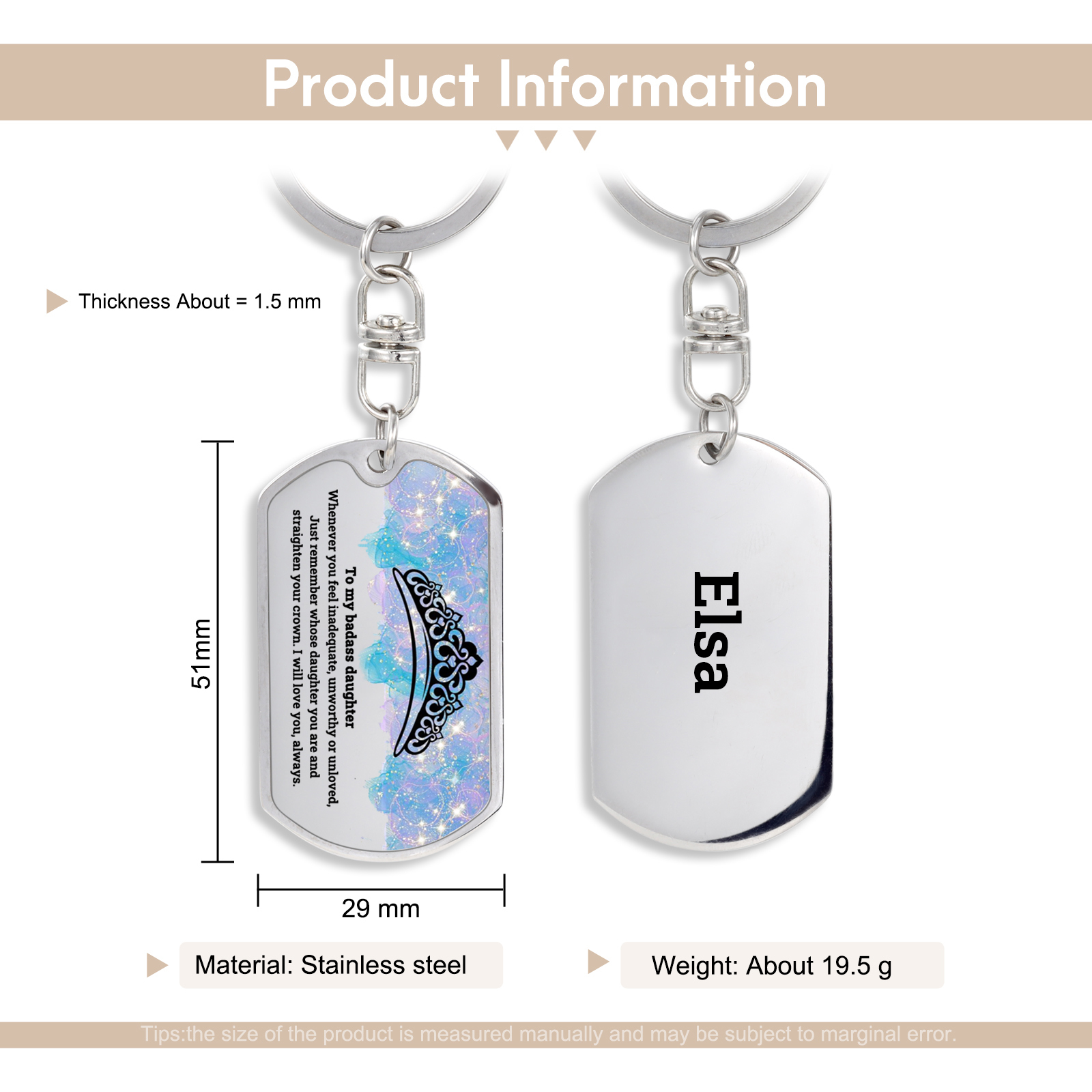 To My Badass Daughter Crown Keychain Custom Name Stainless Steel Keyring "I Will Love You Always"-Jessemade AU