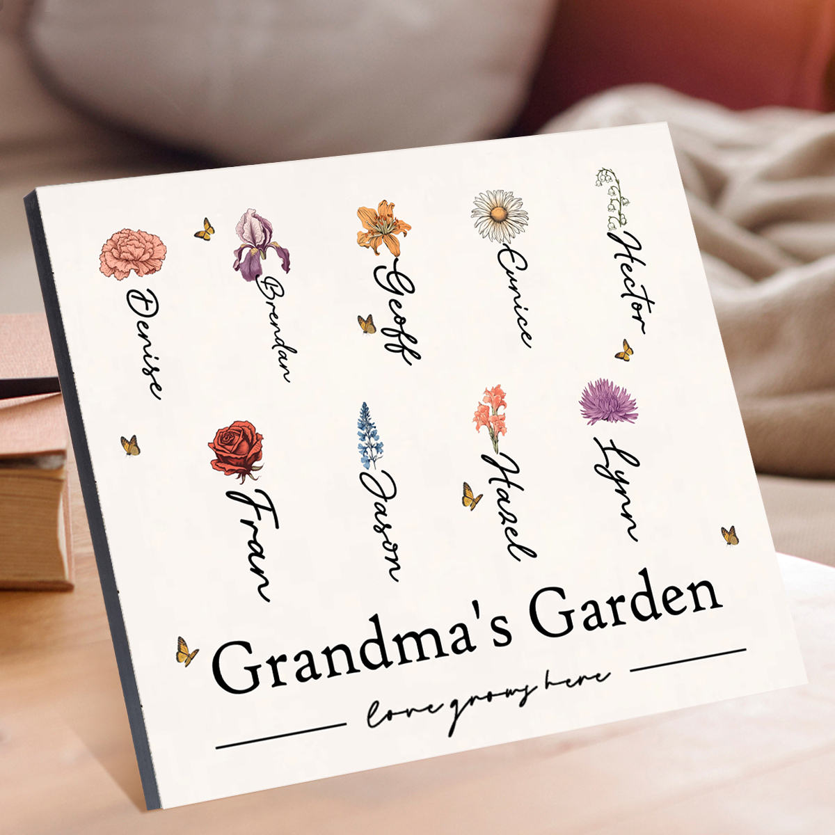 Personalised Text Wooden Plaque Custom 1–12 Birth Flowers & Names Home Decor Garden Sign Gift for Grandma - Love Grows Here