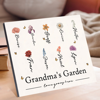 Personalised Text Wooden Plaque Custom 1–12 Birth Flowers & Names Home Decor Garden Sign Gift for Grandma - Love Grows Here