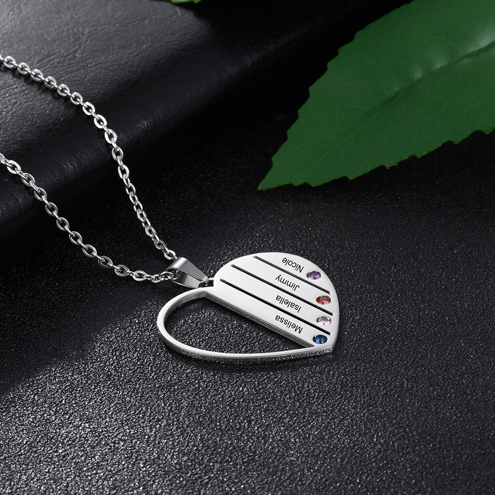 Personalised Heart Necklace With 4 Birthstones Engraved Names Gift For Her-Jessemade AU