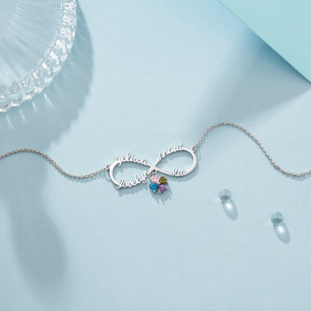 Personalised Infinity Necklace With 4 Birthstones Engraved Names Necklace Gift For Women-Jessemade AU