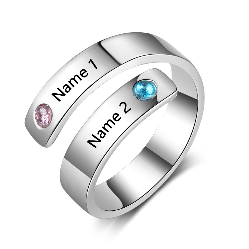 Personalised Ring With 2 Birthstones Engraved Names Ring Gift For Women-Jessemade AU