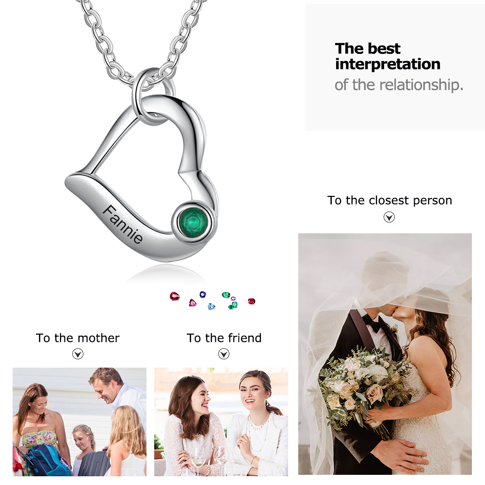 Personalised Heart Necklace With 1 Birthstone Engraved Names Gift For Her-Jessemade AU