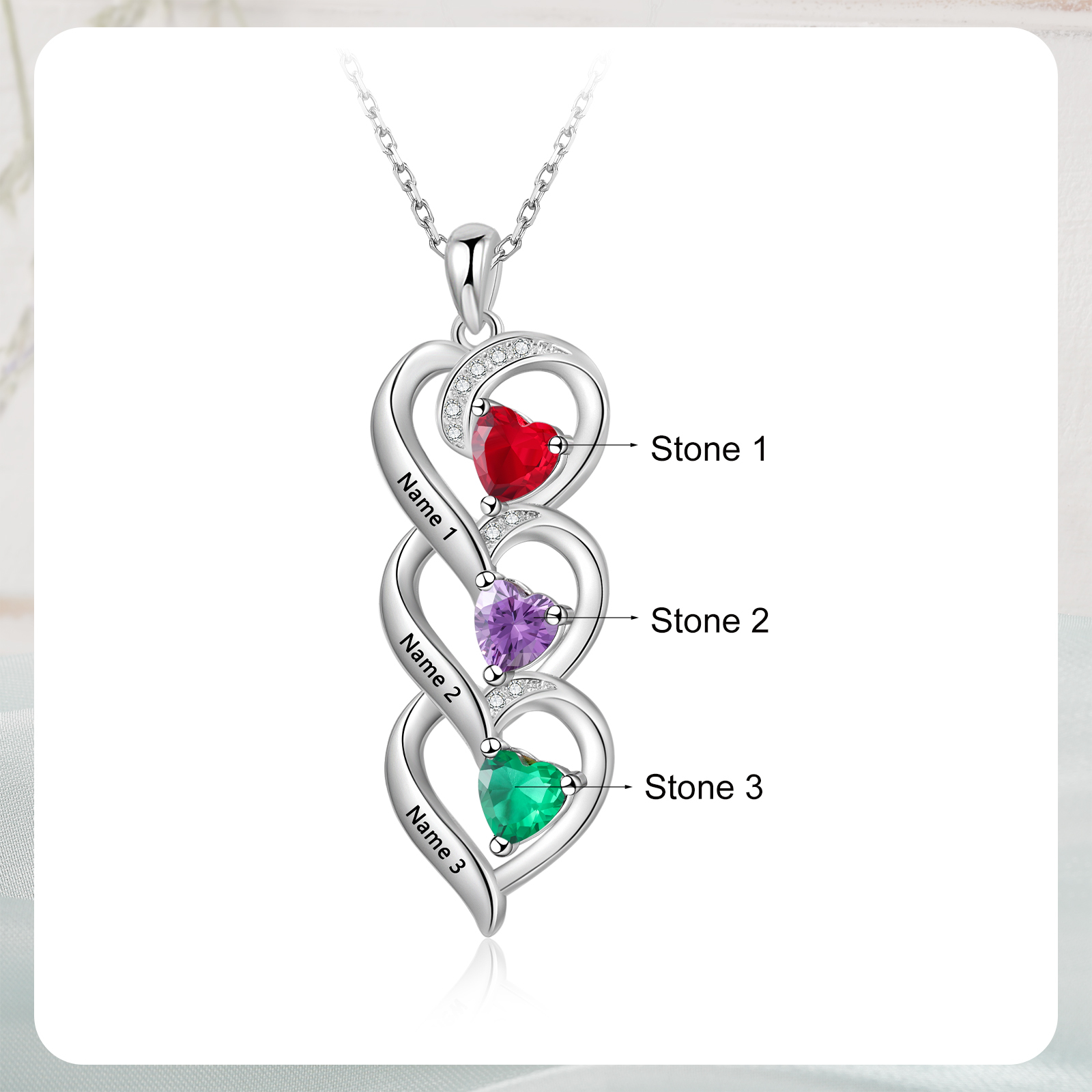 Personalised 3 Birthstones & 3 Names Necklace Custom Heart Pendant Necklace Gifts for Her-Jessemade AU
