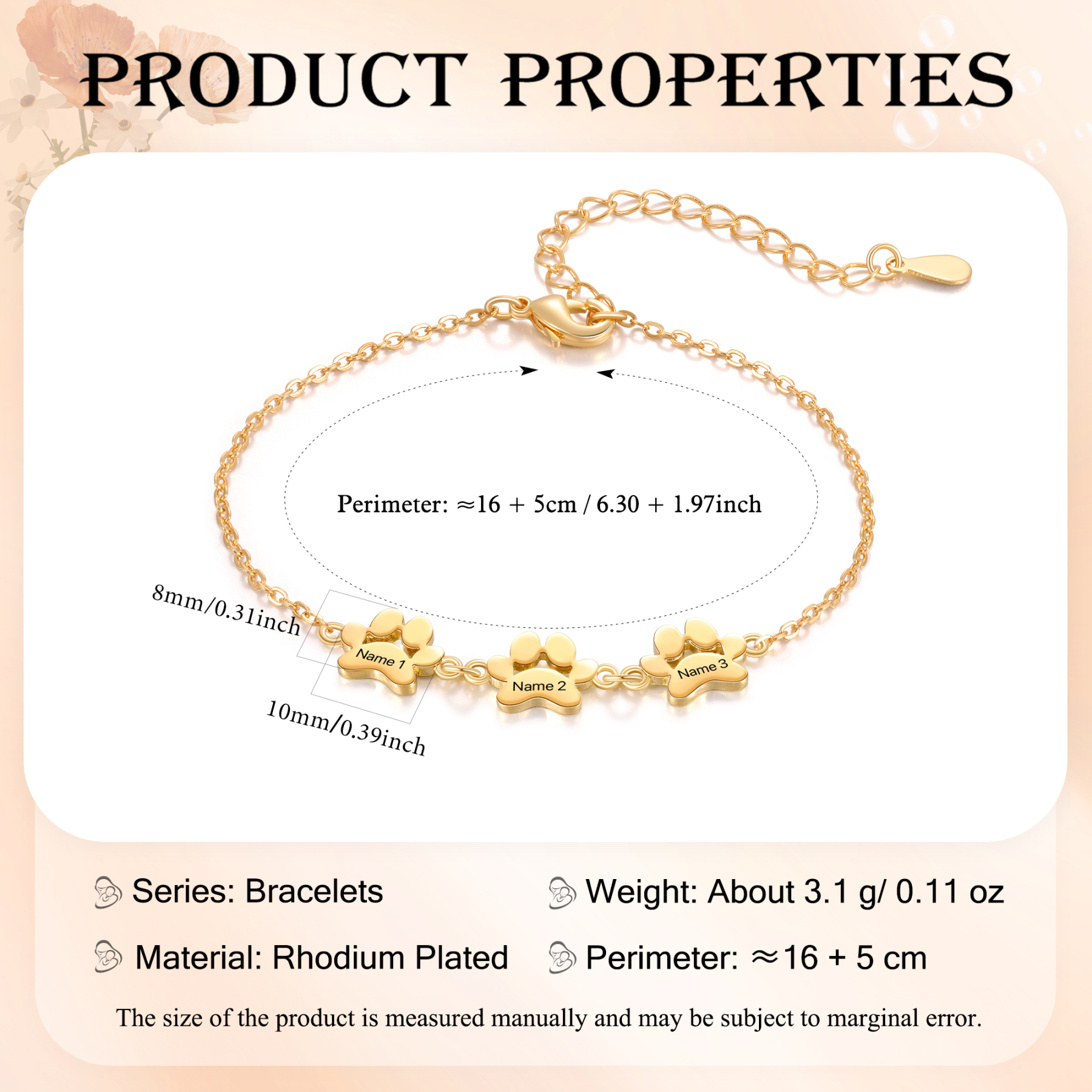 Pet Paw Custom 3 Names Bracelet Gold Adjustable Bracelet Dog Cat Paw Personalised Birthday Gift for Her-Jessemade AU