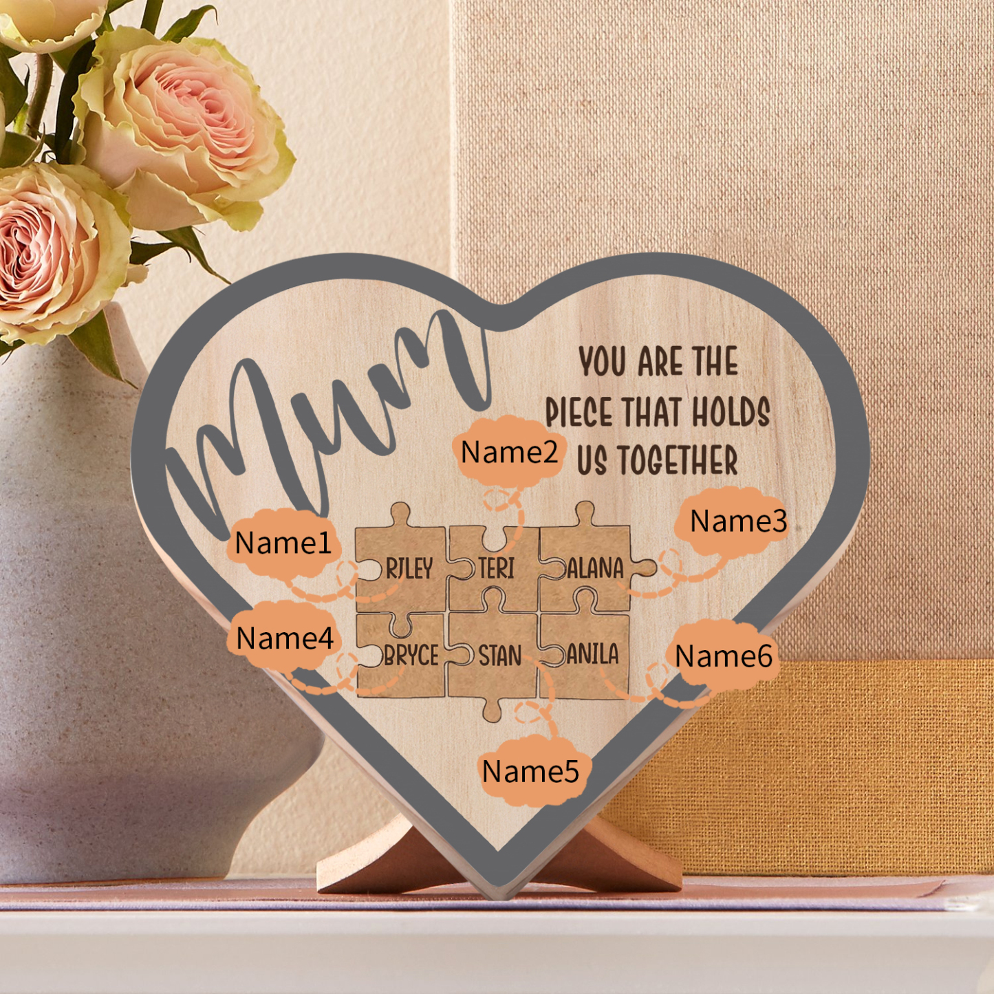 To Mum Personalised Wooden Puzzle Heart Keepsake Desktop Ornament Custom 6 Names Mothers Gifts-Jessemade AU