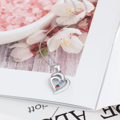 Personalised Heart Necklace With 3 Birthstones Engraved Names Gift For Her-Jessemade AU