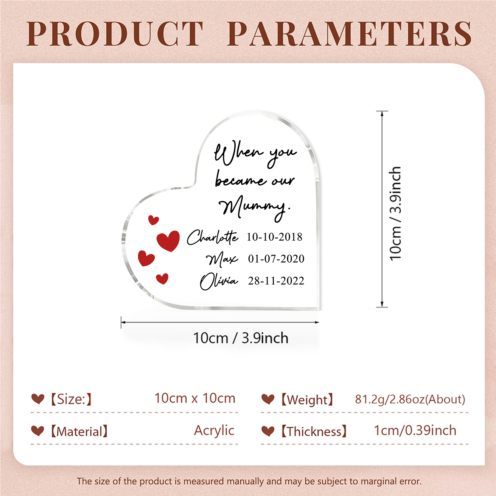 Personalised Name Acrylic Heart Keepsake Custom 3 Texts Ornaments Gifts - When You Became Our Mummy-Jessemade AU