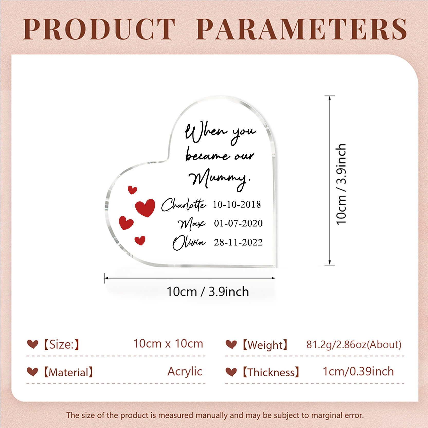 Personalised Name Acrylic Heart Keepsake Custom 3 Texts Ornaments Gifts - When You Became Our Mummy-Jessemade AU