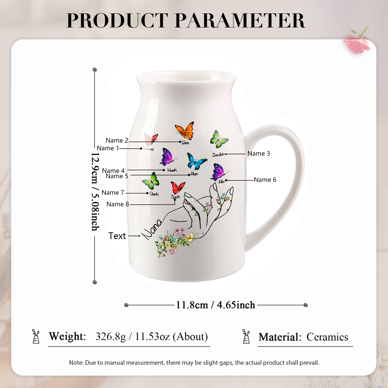 Personalised Ceramic Flower Vase Custom 2–8 Names & 1 Text Butterfly In Hand Vase Gift for Mother/Grandma-Jessemade AU