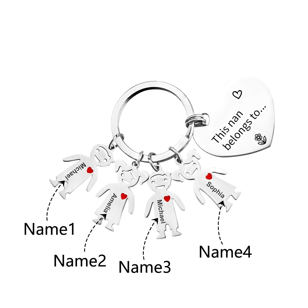 4 Names - Personalised Keychain with Kid Charm Engraved Names Keychain Heart Gift for Nan/Mum-Jessemade AU