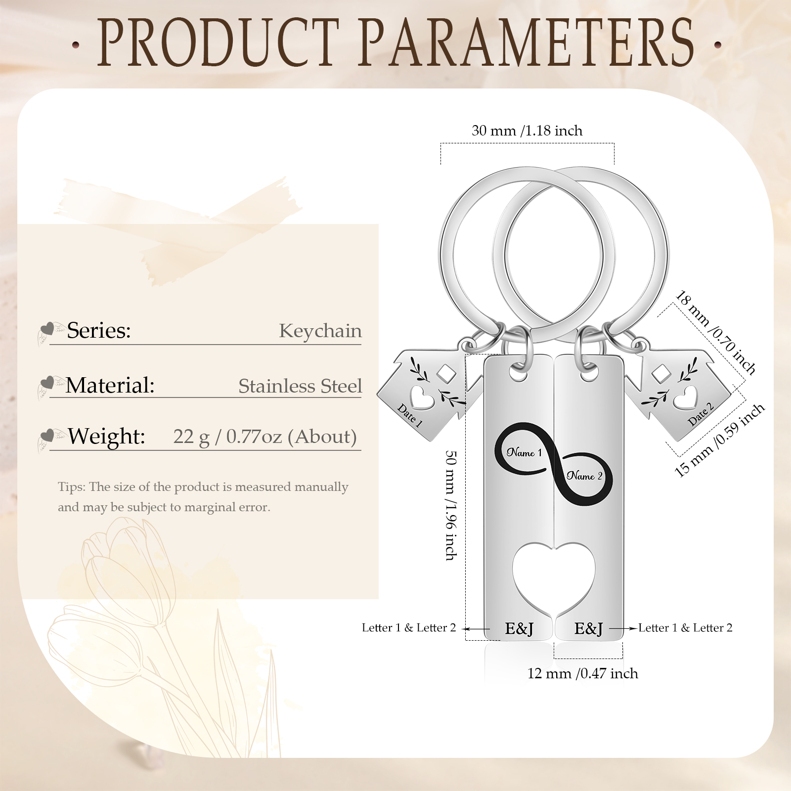 2 PCS Couple Keychain Set Custom 2 Names & Letters & Dates Keyring Infinity Keychain Romantic Personalised Gift for Him/Her-Jessemade AU