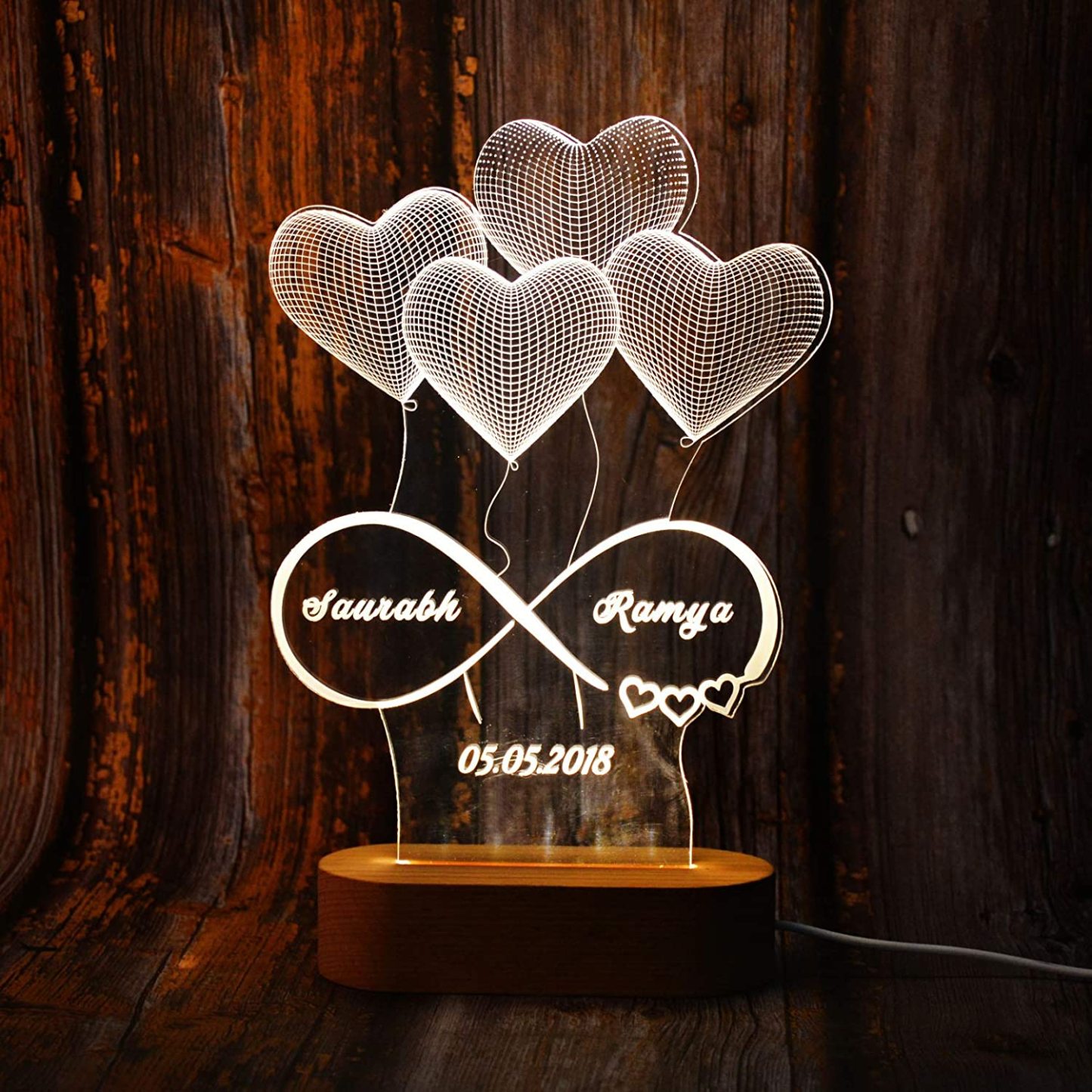Personalised Heart Balloon Night Light Engraving 2 Names Infinite Love Style Wooden Lamp-Jessemade AU