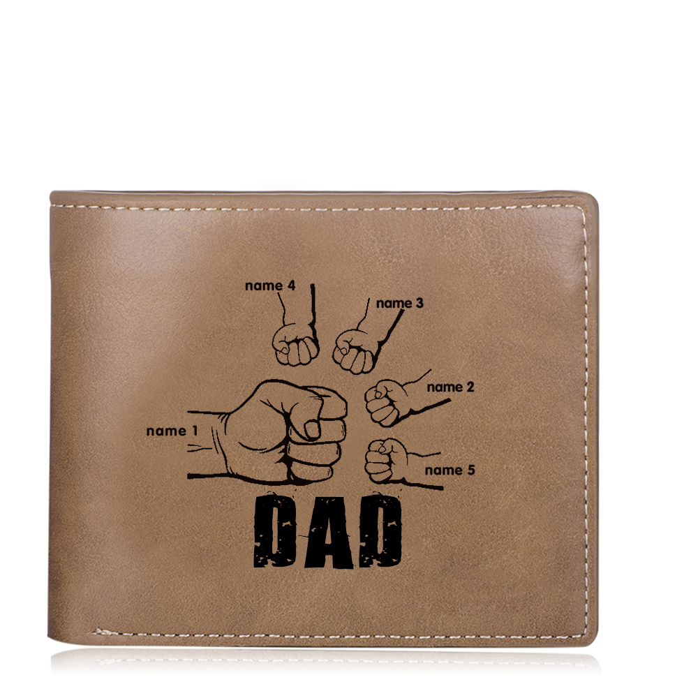 Personalised Leather Mens Wallet Engraved 5 Names Fist Bump Folding Wallet Father's Day Gifts-Jessemade AU
