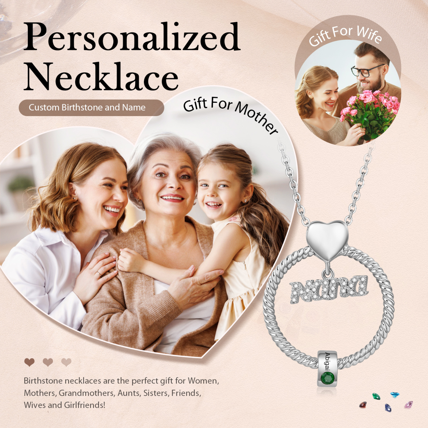 1 Name - Personalised Nana Necklace Custom Names & Birthstones Circle Pendant Necklace Gift for Grandma Nana-Jessemade AU