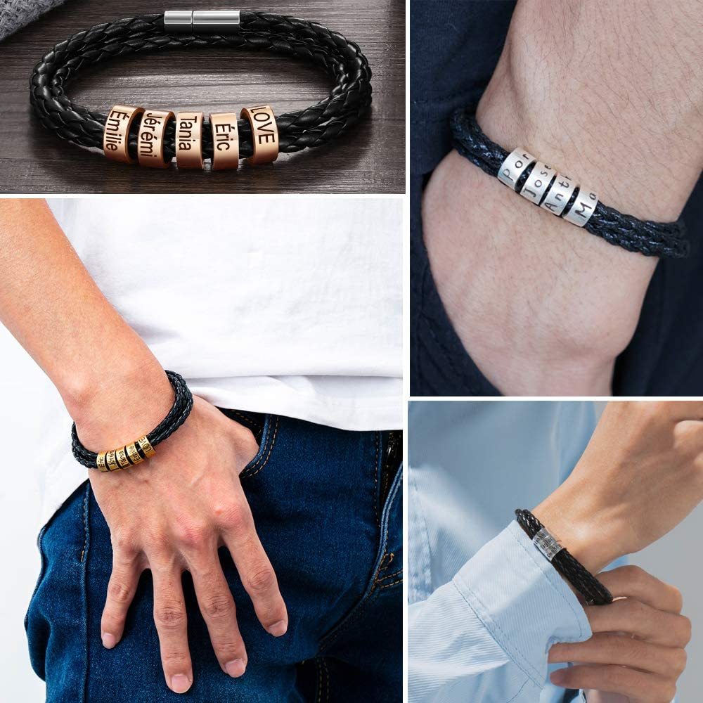Father's Day Gift Men Braided Leather Bracelets with 2 Beads Bracelet Gifts for Him-Jessemade AU