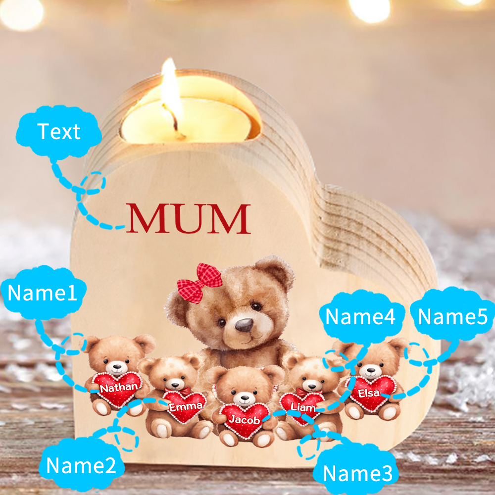 Personalised 5 Names & 1 Text Candle Holder Teddy Bear Wooden Candlestick Gifts for Grandma/Mother-Jessemade AU
