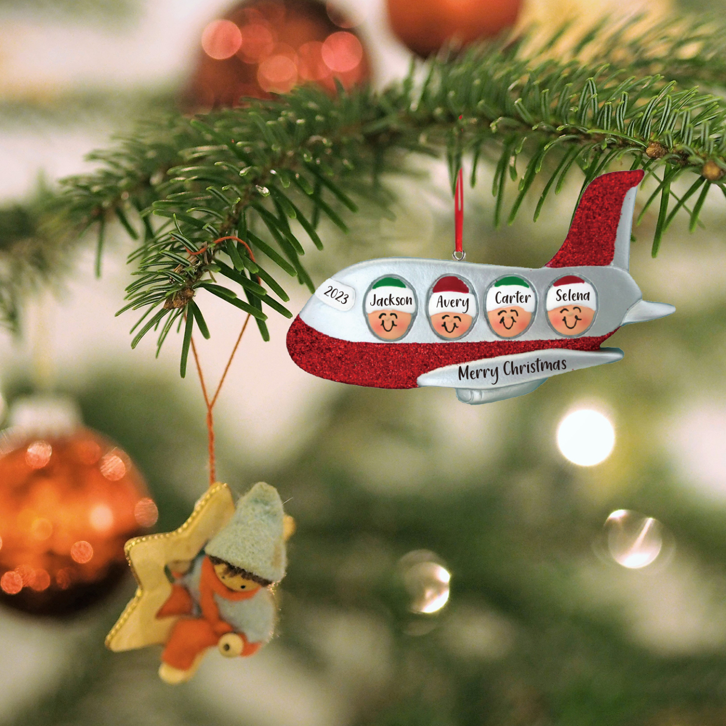 4 Names - Personalised Christmas Ornaments Custom Text & Year Wooden Airplane Christmas Decor Gifts for Family Friends-Jessemade AU