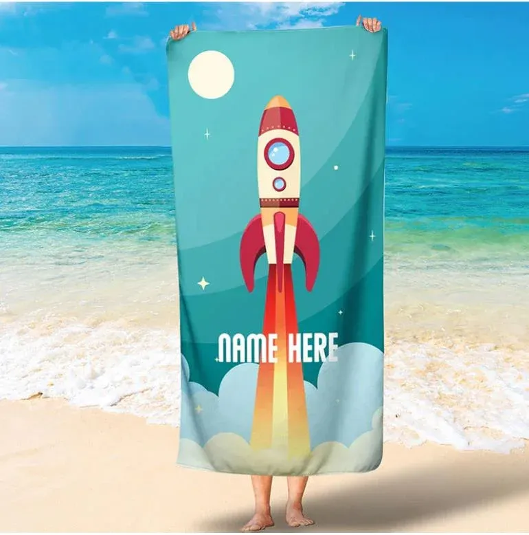 Personalised Beach Towel Customised 1 Name Rocket Ship Bath Towel Blanket Summer Gift for Family/Friends-Jessemade AU