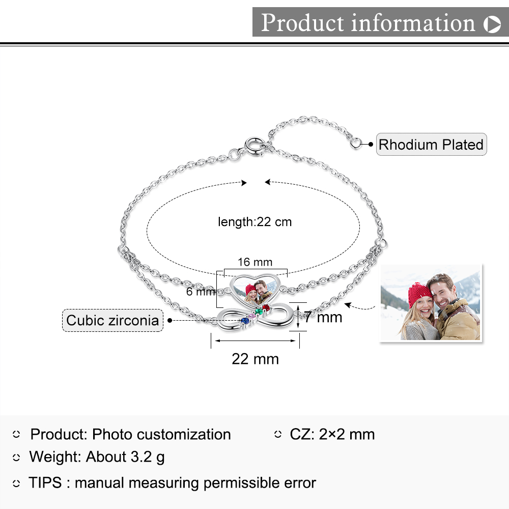 Personalised Heart Photo Bracelet With 4 Birthstones Custom Photo Bracelet Gifts For Her-Jessemade AU