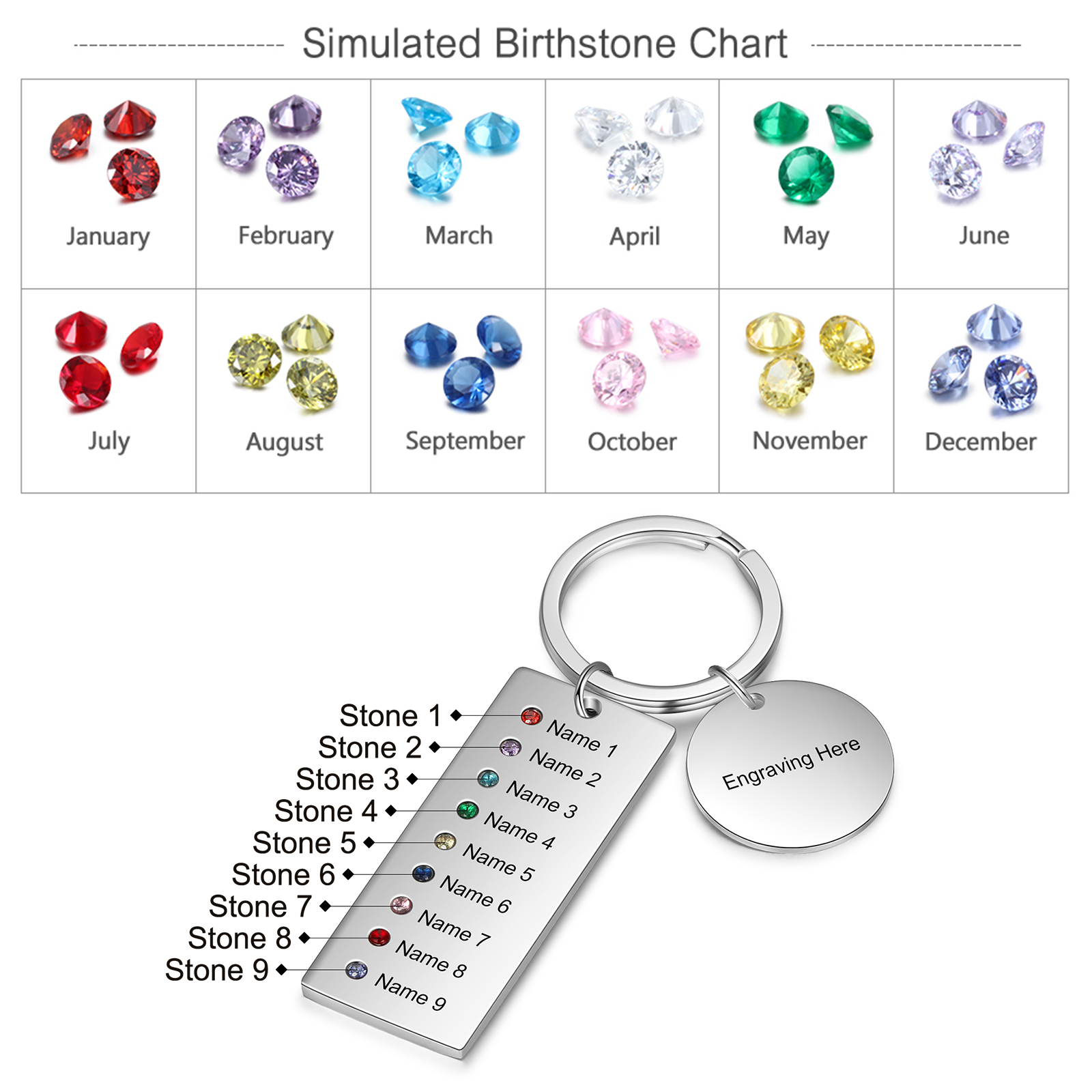 Personalised Birthstones Keychain Engraved 9 Names Keychain Gifts For Her