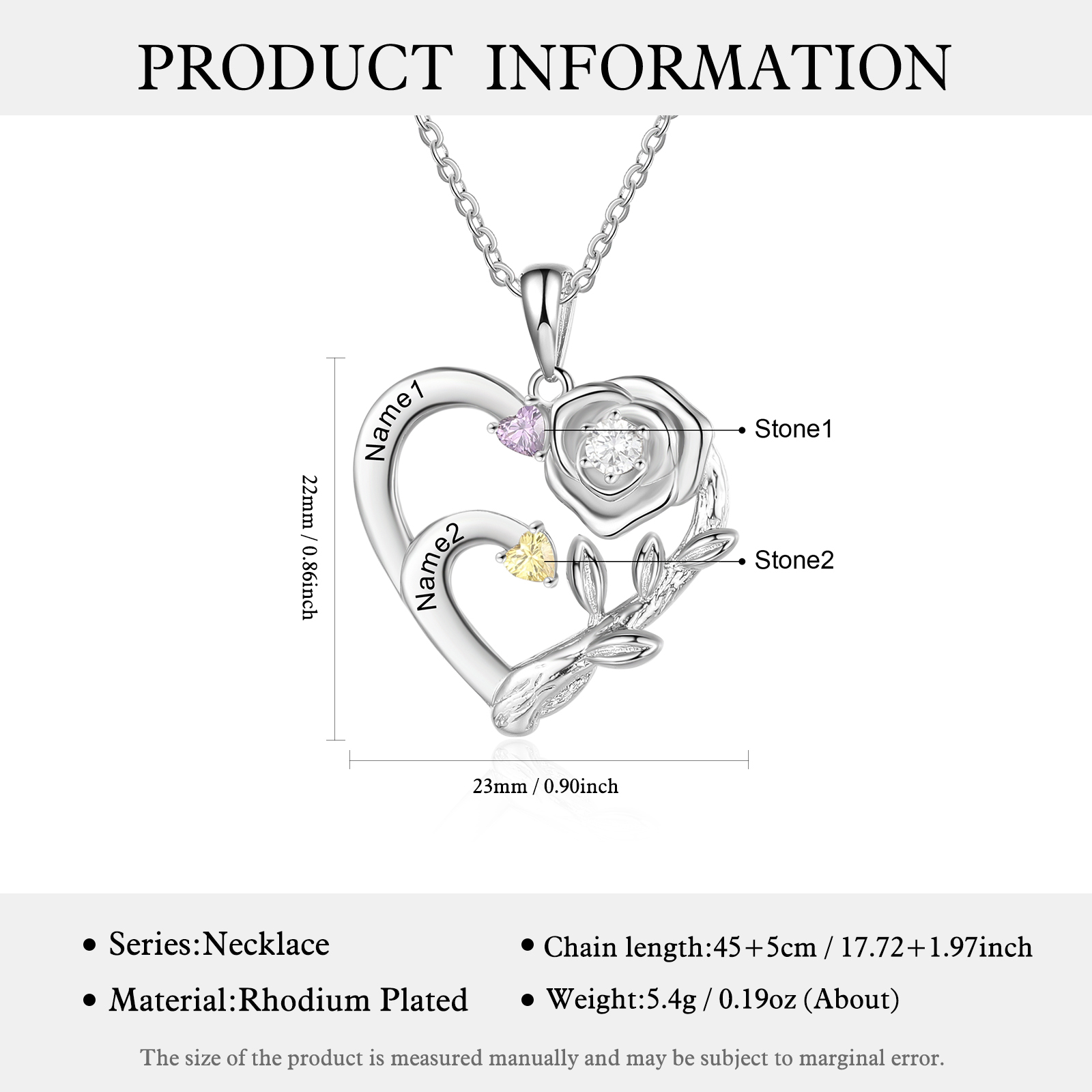 Personalised Mother Rose Necklace 2 Stones Engraved 2 Names Birthstone Intertwined Heart Pendant for Mum-Jessemade AU