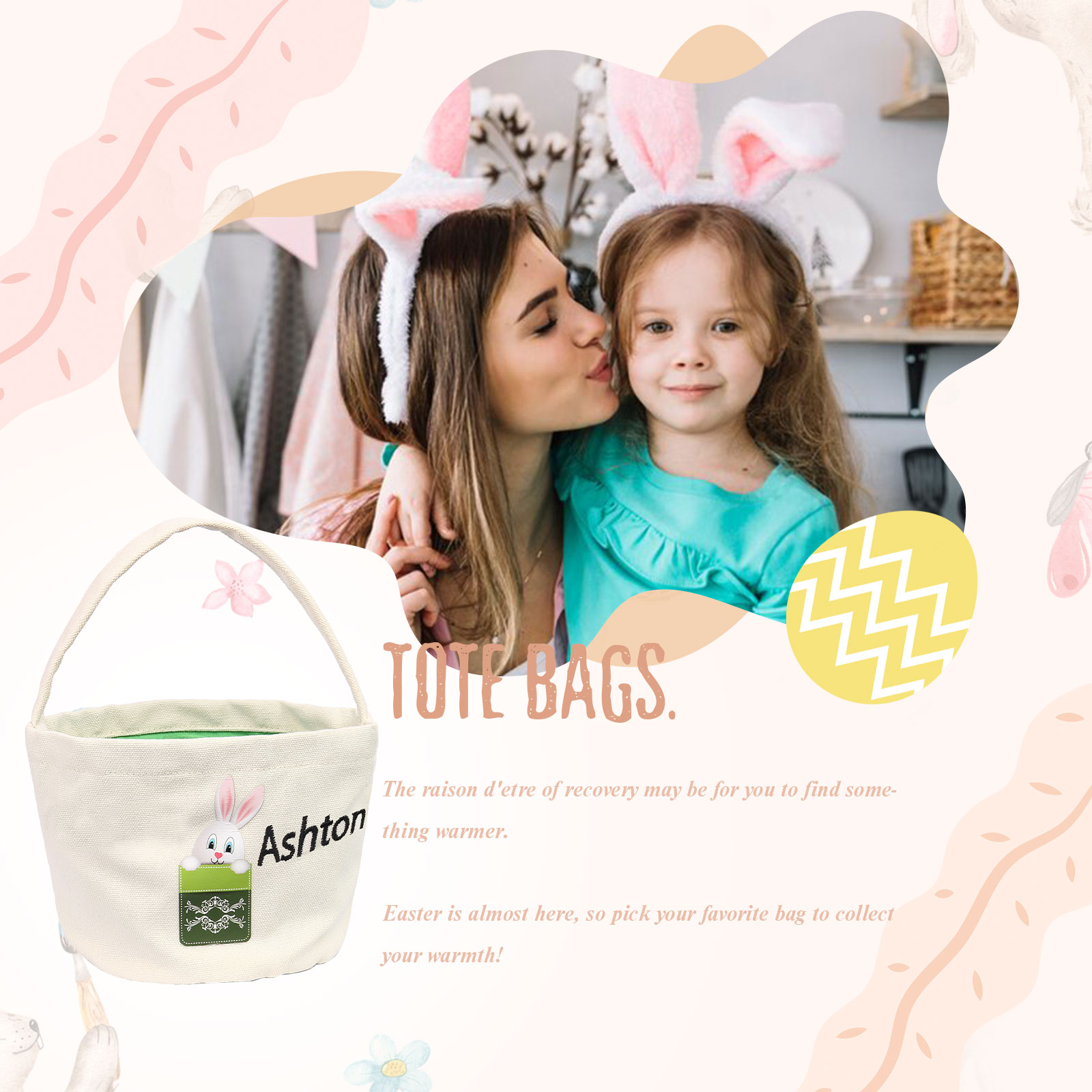 Personalised Bunny Tote Bag Custom Name Bunny Basket Bucket Bag Easter Gift for Him/Her-Jessemade AU