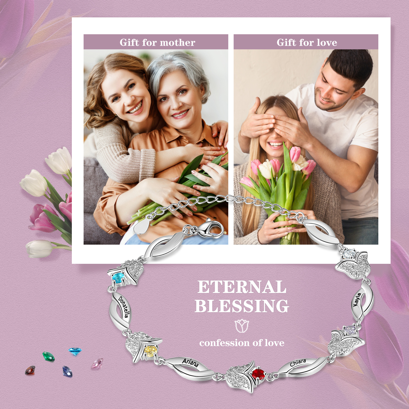 Flowers Series Personalised Tulip Bracelet With 4 Birthstone Engraved Names Flowers Charm Gifts For Her-Jessemade AU