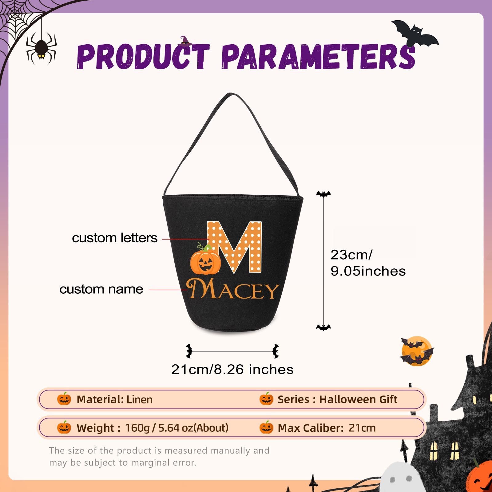 Personalised Halloween Tote Bags Custom 1 Name 1 Letter Bucket Bag Black Pumpkin Candy Bag-Jessemade AU