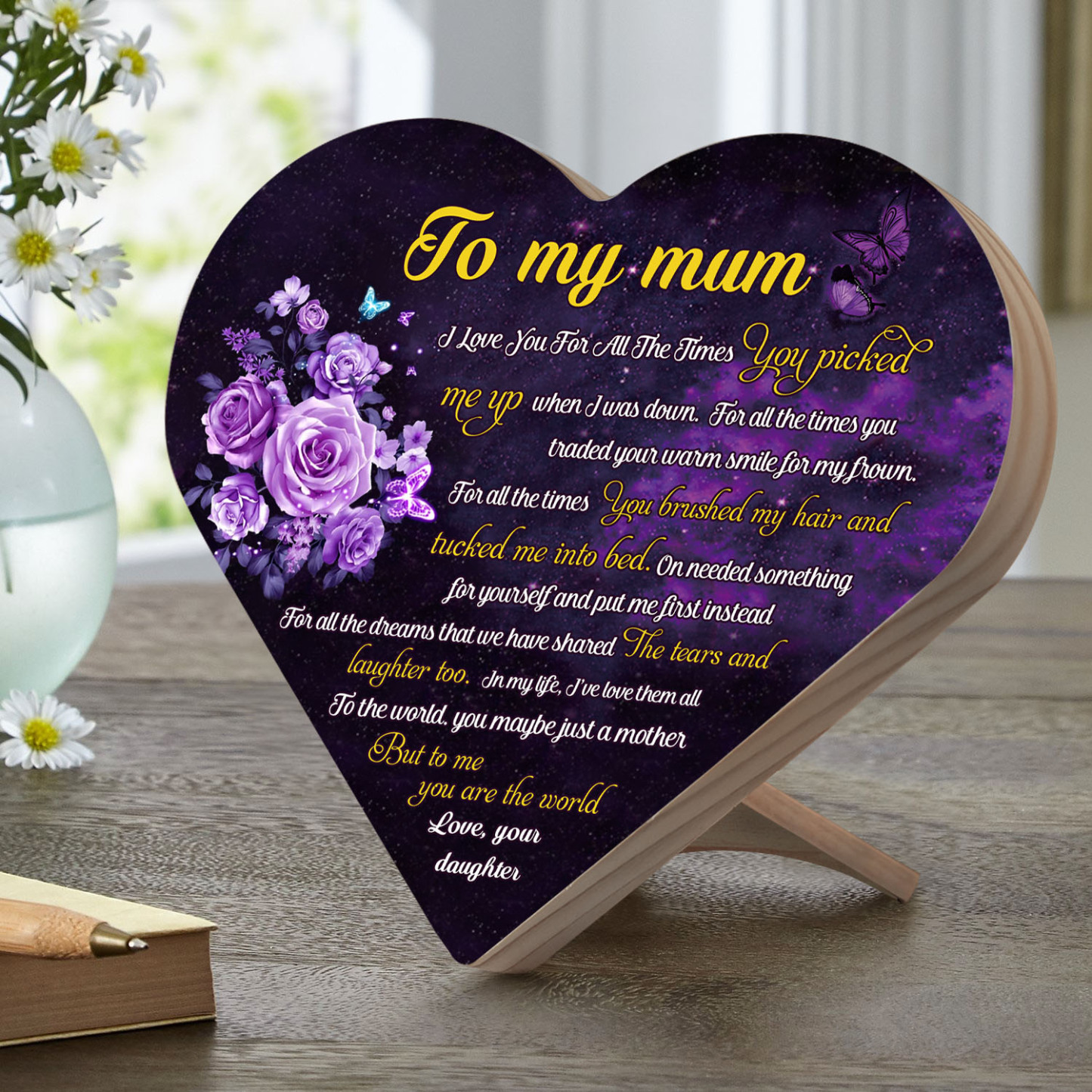 To My Mum Wooden Flowers Heart Keepsake Desktop Ornament Mothers Gifts-Jessemade AU