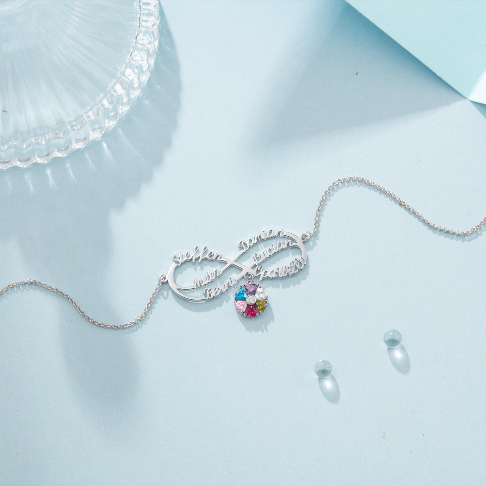 Personalised Infinity Necklace With 6 Birthstones Engraved Names Necklace Gift For Women-Jessemade AU