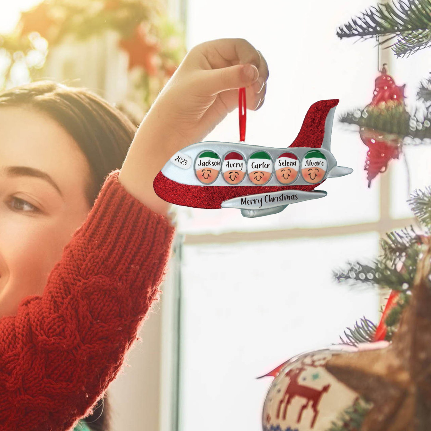 5 Names - Personalised Christmas Ornaments Custom Text & Year Wooden Airplane Christmas Decor Gifts for Family Friends-Jessemade AU
