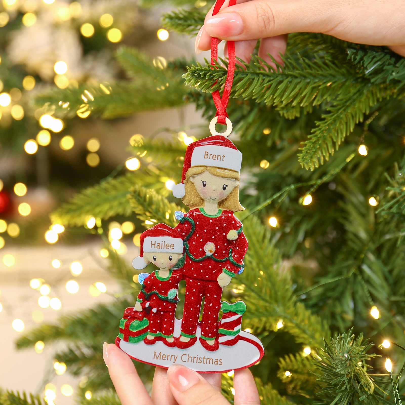 2 Names - Parent Single Mom with 1 Kid Family Christmas Ornament Custom Name & Text Wooden Hanging Ornaments Personalised Gift -Jessemade AU