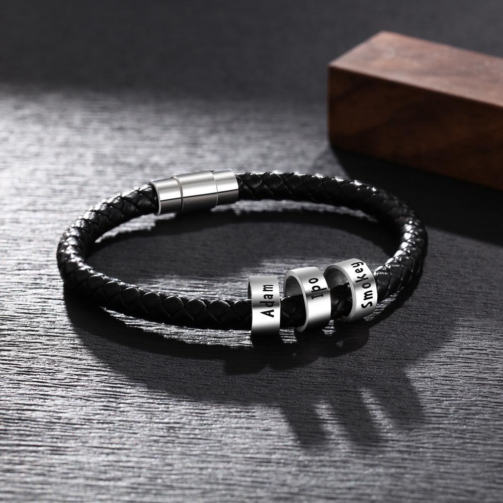 Men Leather Braided Rope Bracelet with 3 Custom Beads Engravable Black Bracelet Gifts for Dad-Jessemade AU