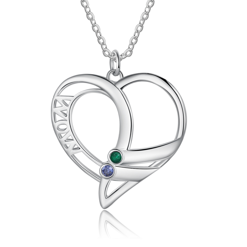 Personalised Heart Necklace With 2 Birthstones Engraved Names Gift For Mother-Jessemade AU