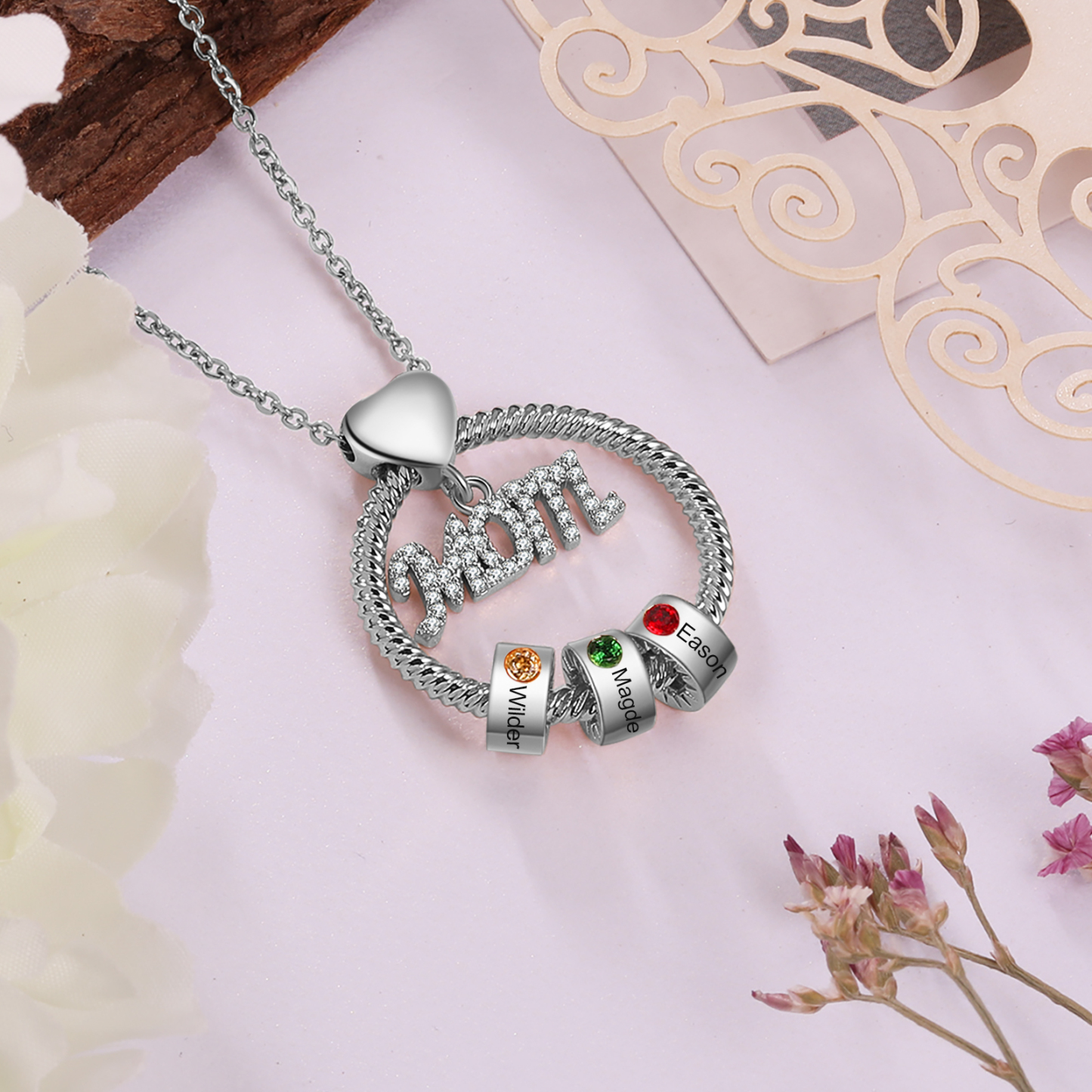 Personalised Necklace With 3 Birthstones Engraved Names Gift For Mother-Jessemade AU