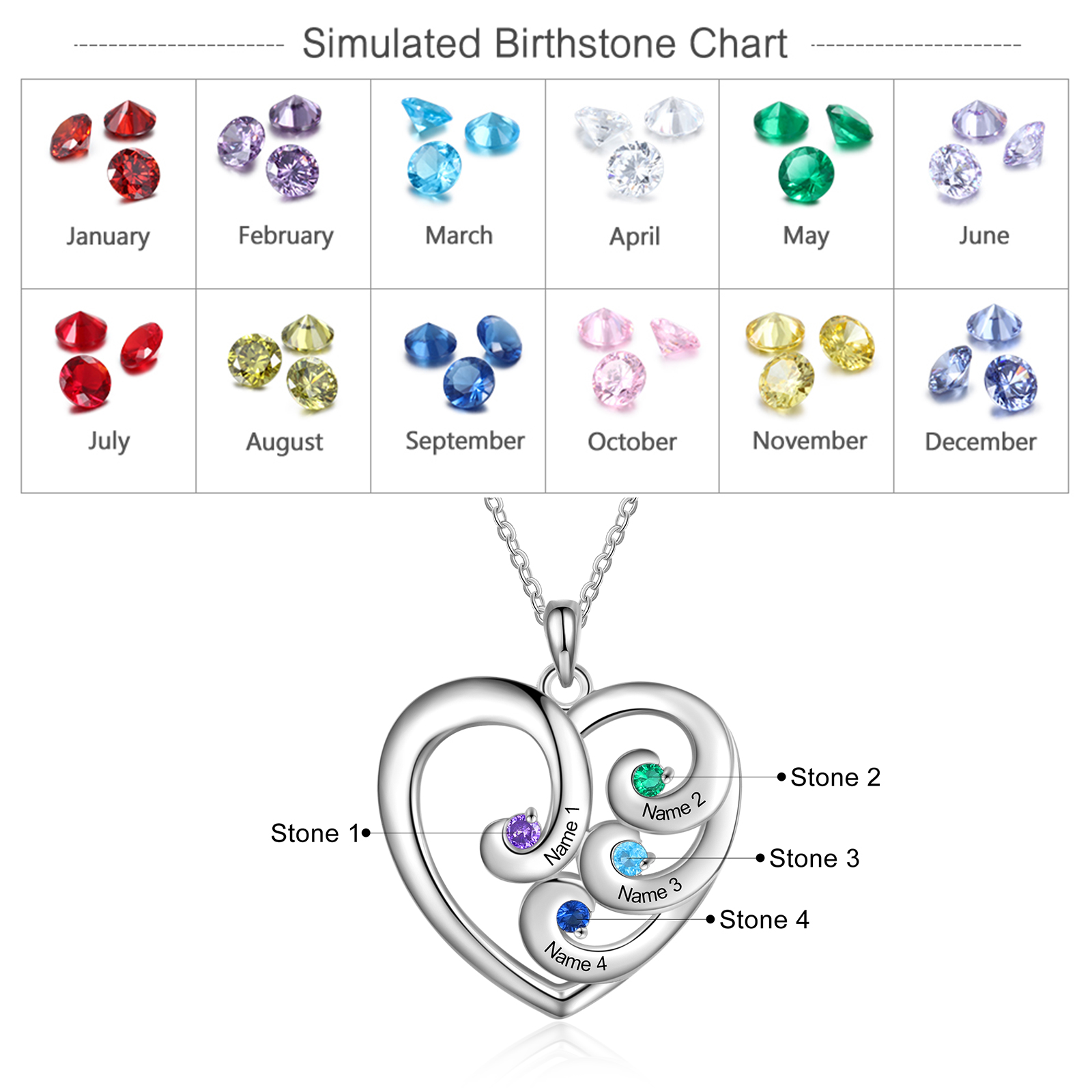 Personalised Heart Necklace With 4 birthstones Engraved Names Gift For Women-Jessemade AU