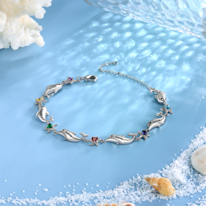 Animal Bracelet Personalised Dolphin Bracelet With 6 Birthstones Engraved Names Starfish Charm Gifts For Her-Jessemade AU