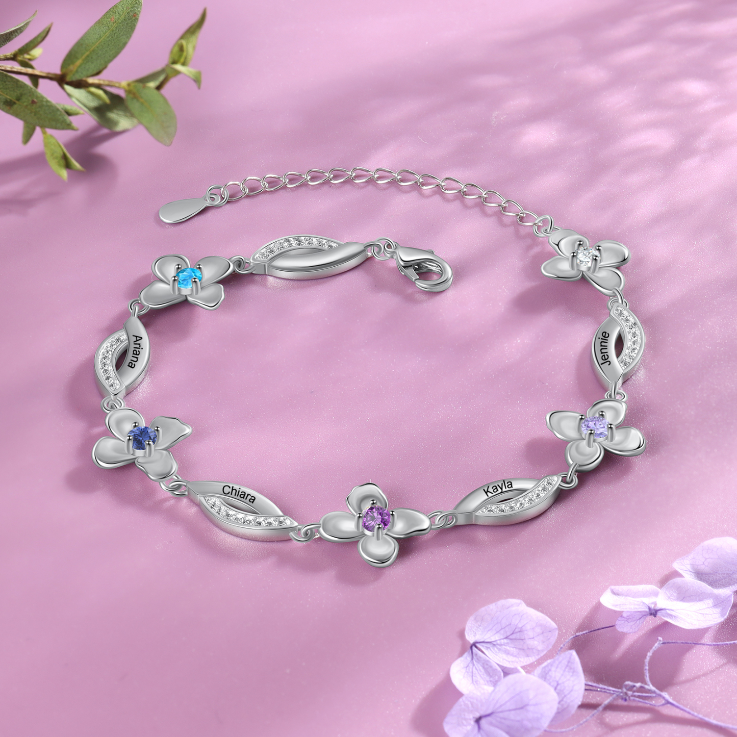 Flowers Bracelet Personalised 4 Birthstone Bracelet Engraved Names Flowers Charm Gifts For Her-Jessemade AU
