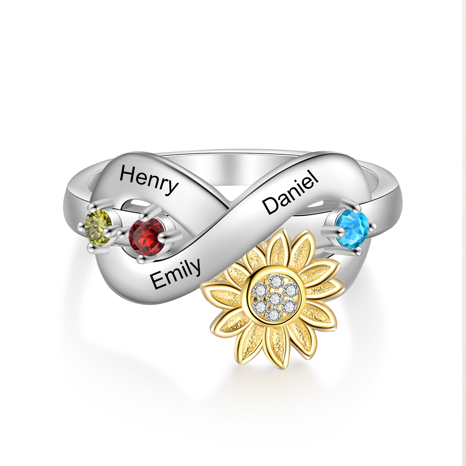 Personalised 3 Birthstones Sunflower Ring Engraved Names Infinity Ring Gifts For Her-Jessemade AU