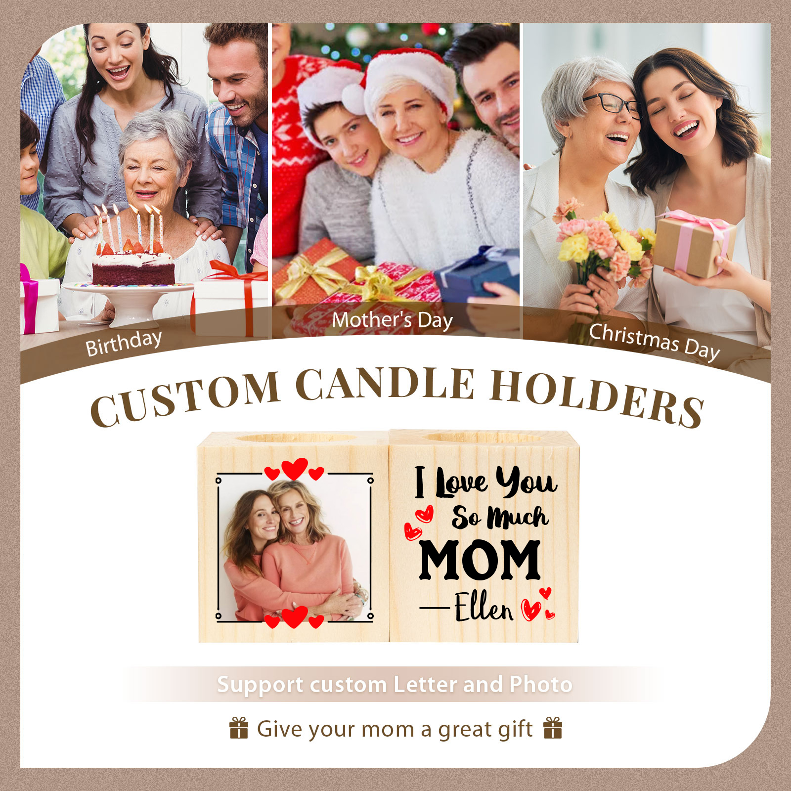 Personalised Photo Block Candle Holder I Love You So Much Wooden Candlesticks for Mother-Jessemade AU