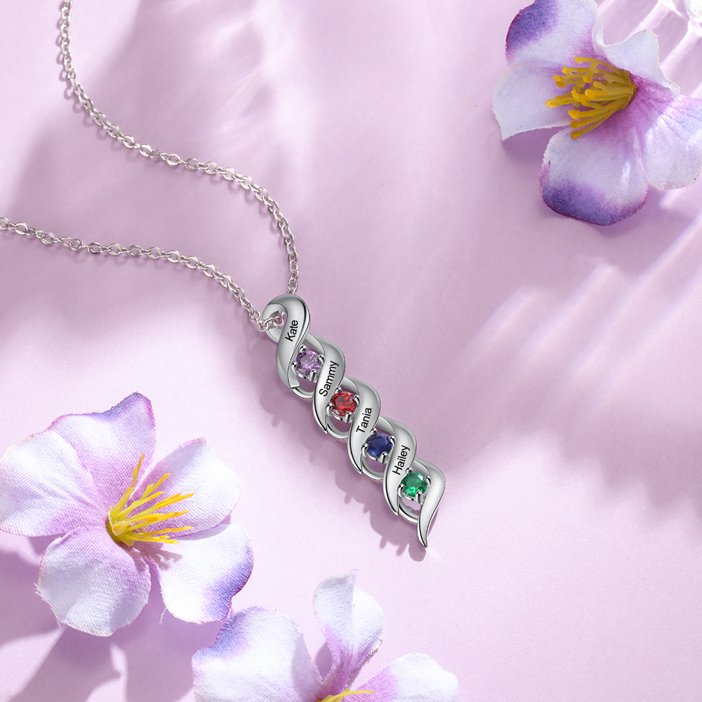 Personalised Necklace Cascading Pendant with 4 Birthstones Engraving 4 Names Gifts for Her-Jessemade AU