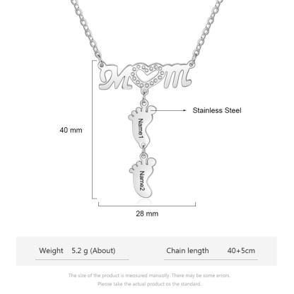 Mother Necklace with 2 Baby Feet Pendants Engraved 2 Names Mom Necklace Rose Gift Set