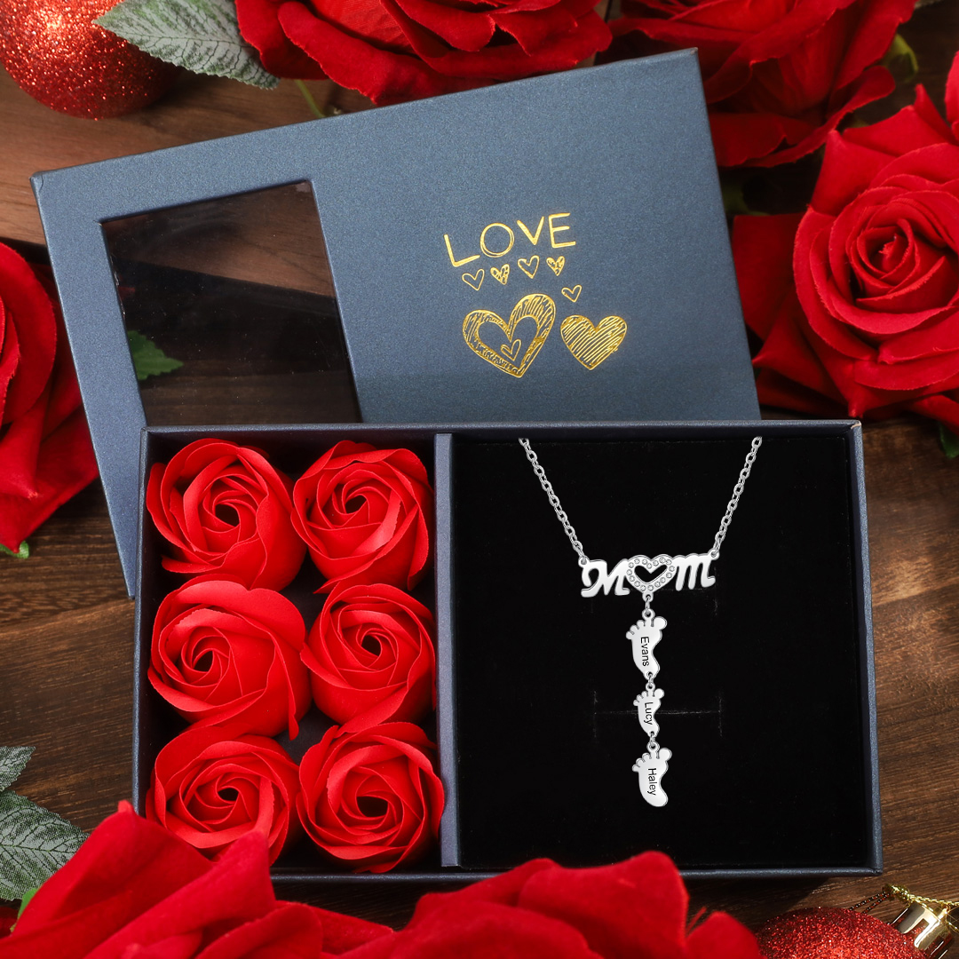 Mother Necklace with 3 Baby Feet Pendants Engraved 3 Names Mom Rose Gift Set