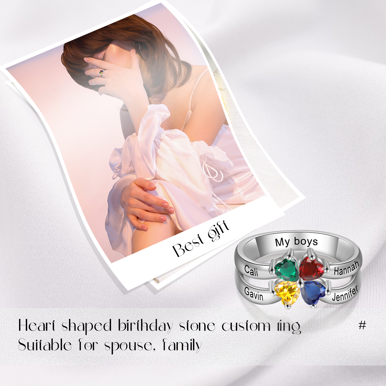 Personalised Ring With 4 Birthstones Engraved Names Ring Best Gift For Women-Jessemade AU
