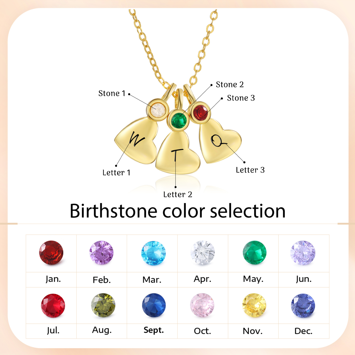Personalised Heart Pendant Necklace Custom 3 Letters & 3 Birthstones Necklace Gifts for Her-Jessemade AU