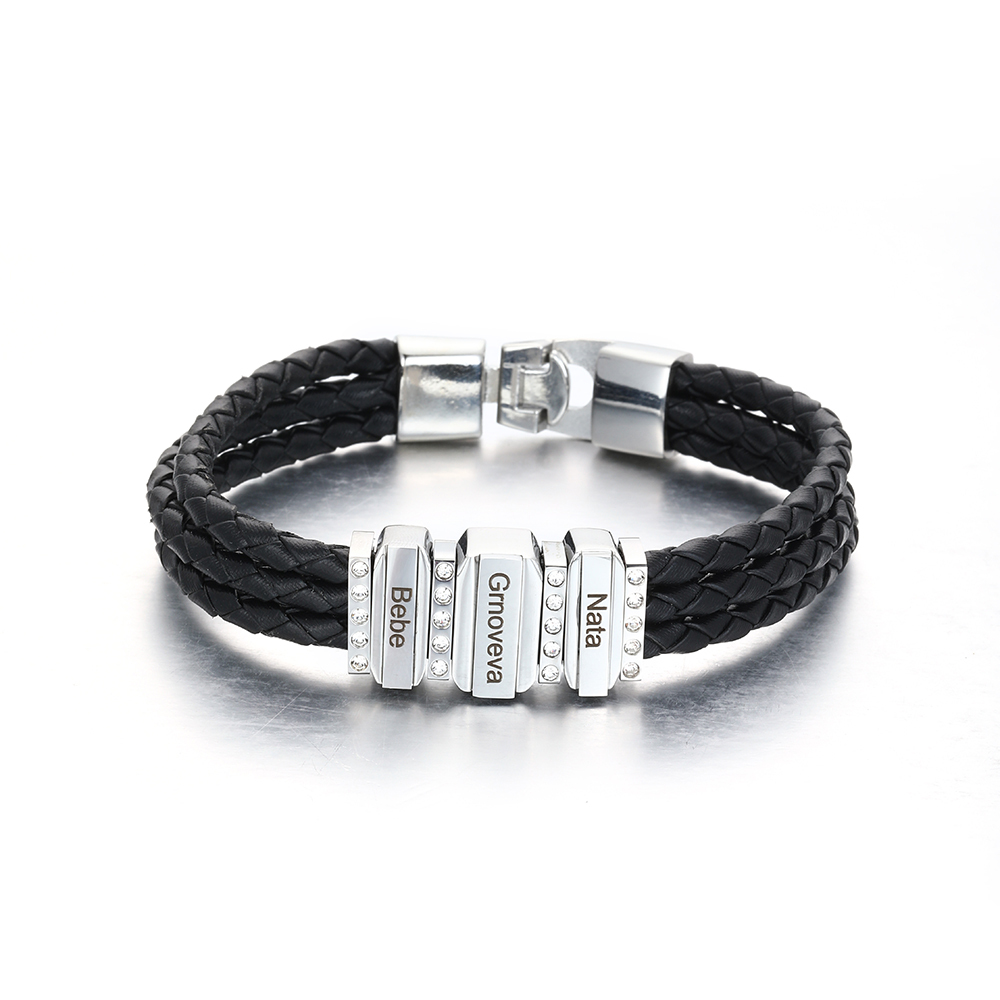 Mens Leather Bracelet with Customised Beads Personalised Three Layer Bracelet Engraved 3 Names-Jessemade AU